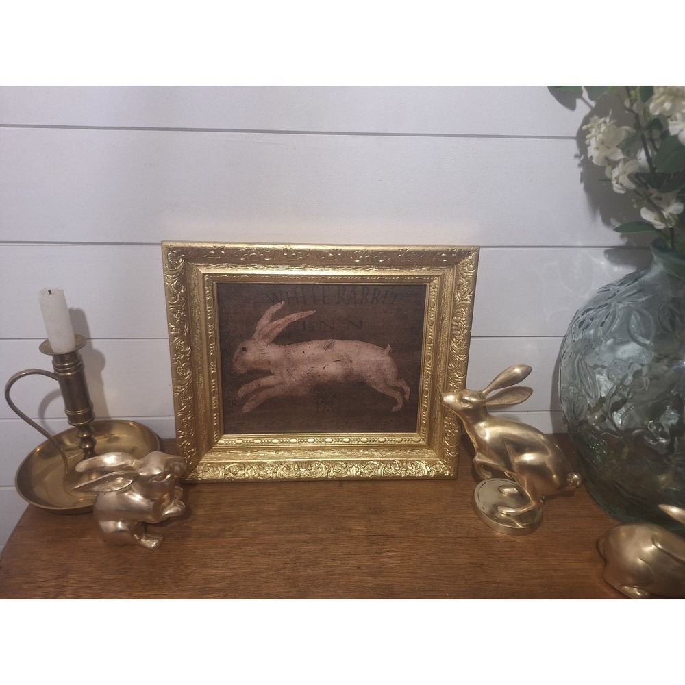 Vintage ornate gold wood frame with new canvas white rabbit print